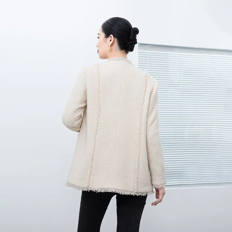 Beige Tweed V Neck Jacket