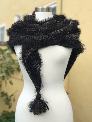 Black Knitted Shawl, Knitted Neckerchief for Women, Shawl with Fringe, Triangular Handkerchief, Mottled Knitted Handknitted