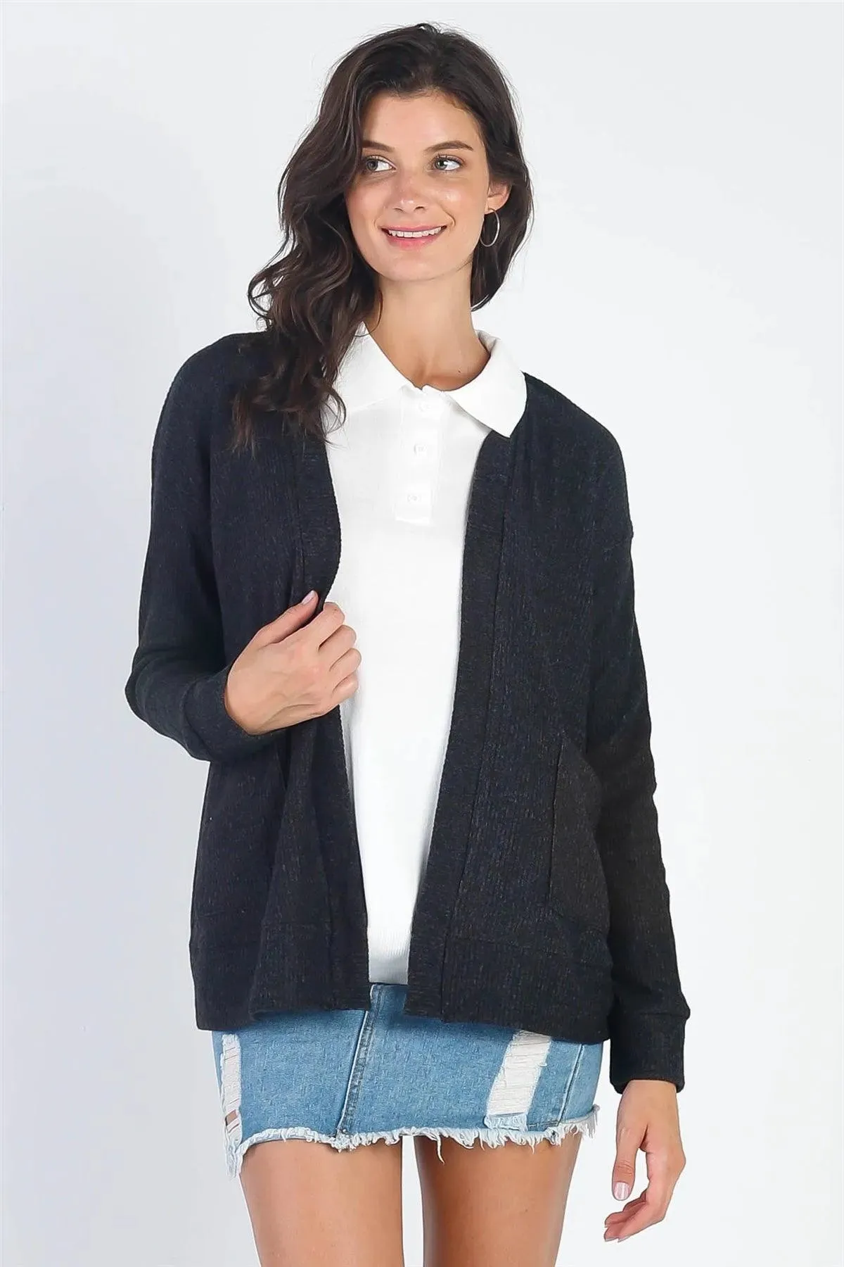 Charcoal Ribbed Flannel Long Sleeve Cardigan