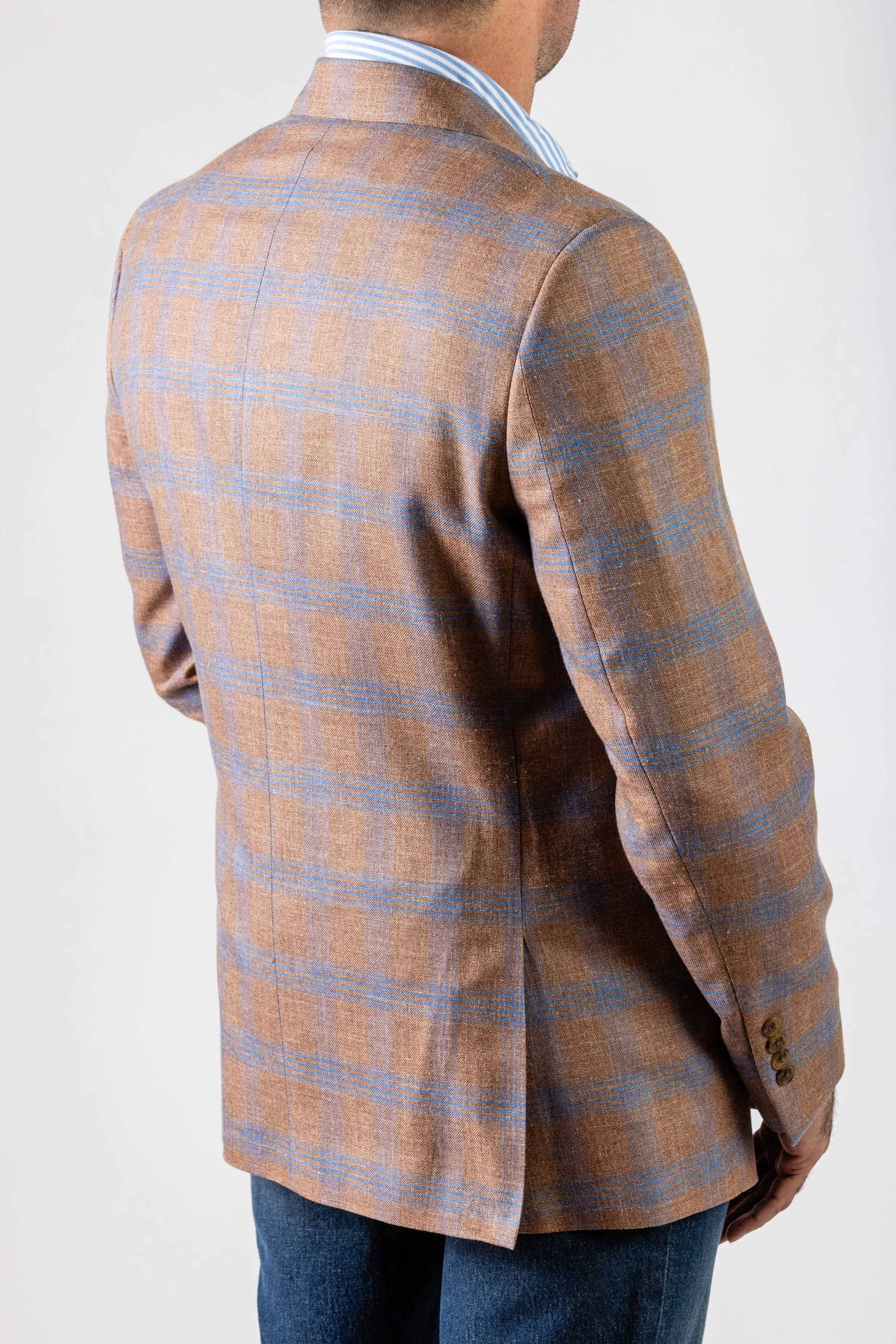 Clay Light Blue Windowpane Wool, Silk & Linen Sport Coat