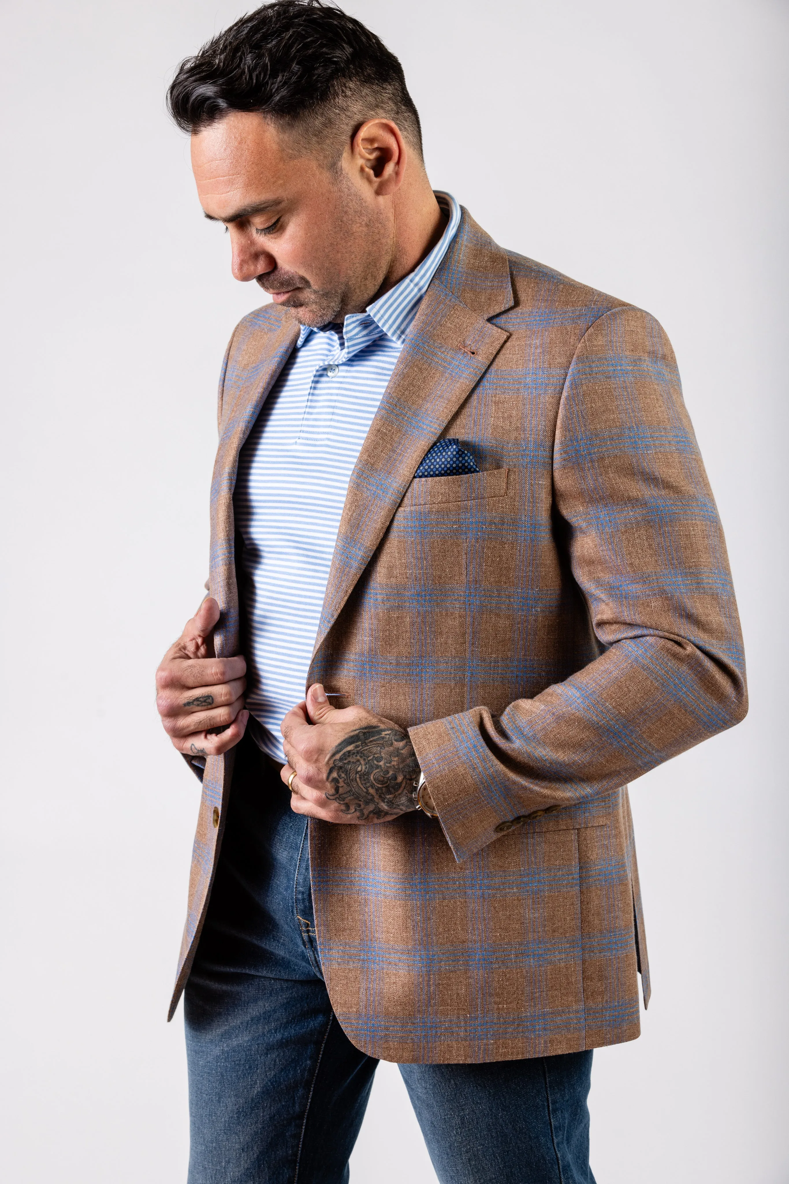 Clay Light Blue Windowpane Wool, Silk & Linen Sport Coat