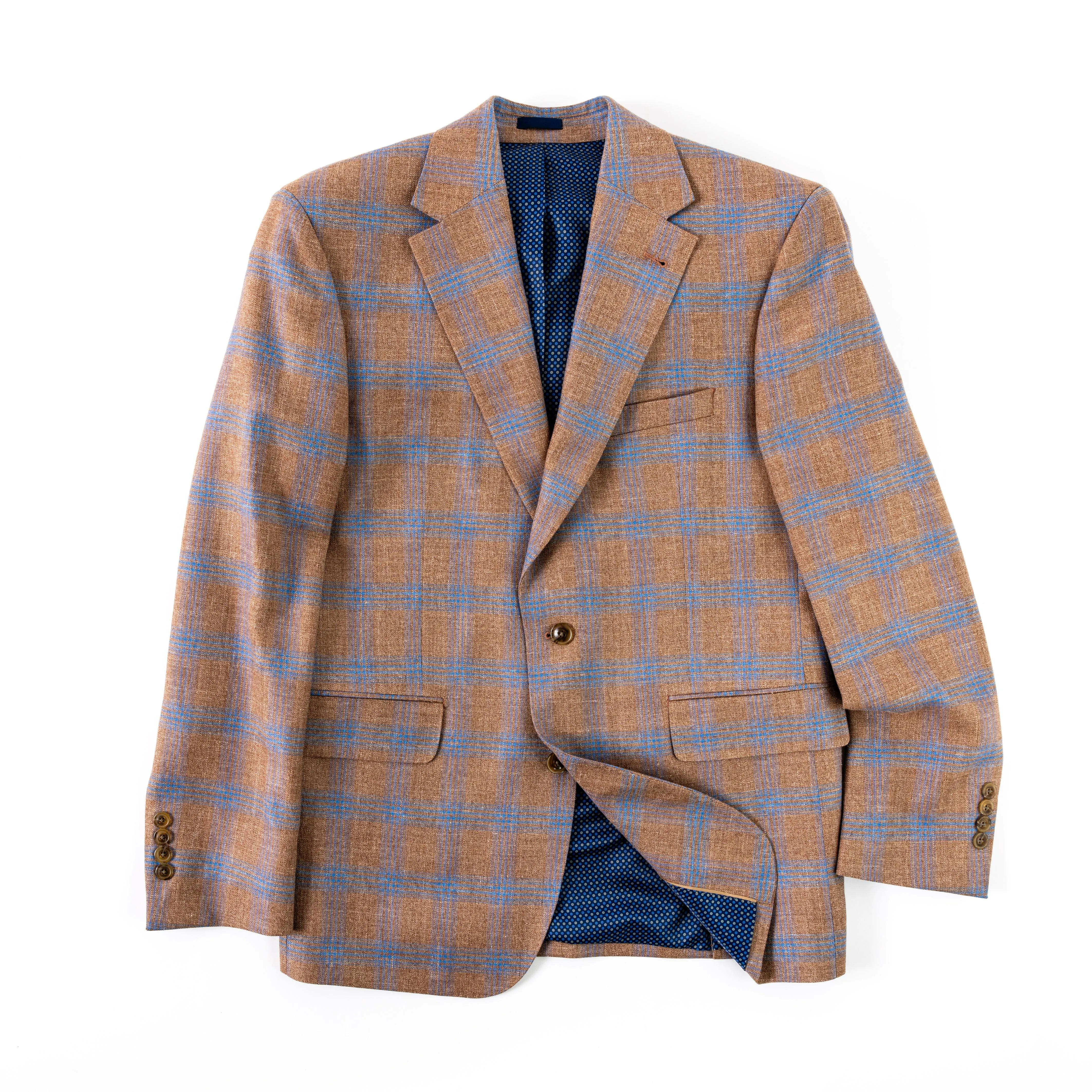 Clay Light Blue Windowpane Wool, Silk & Linen Sport Coat