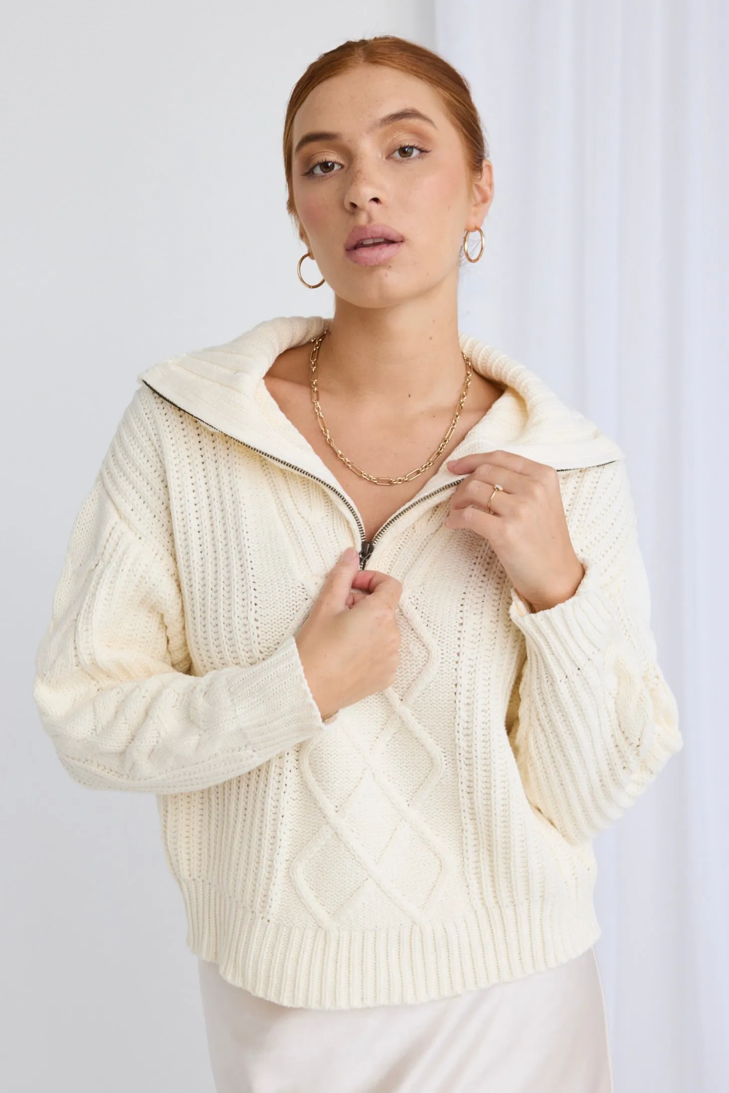 Clover Ivory Zip Front Cable Knit Jumper