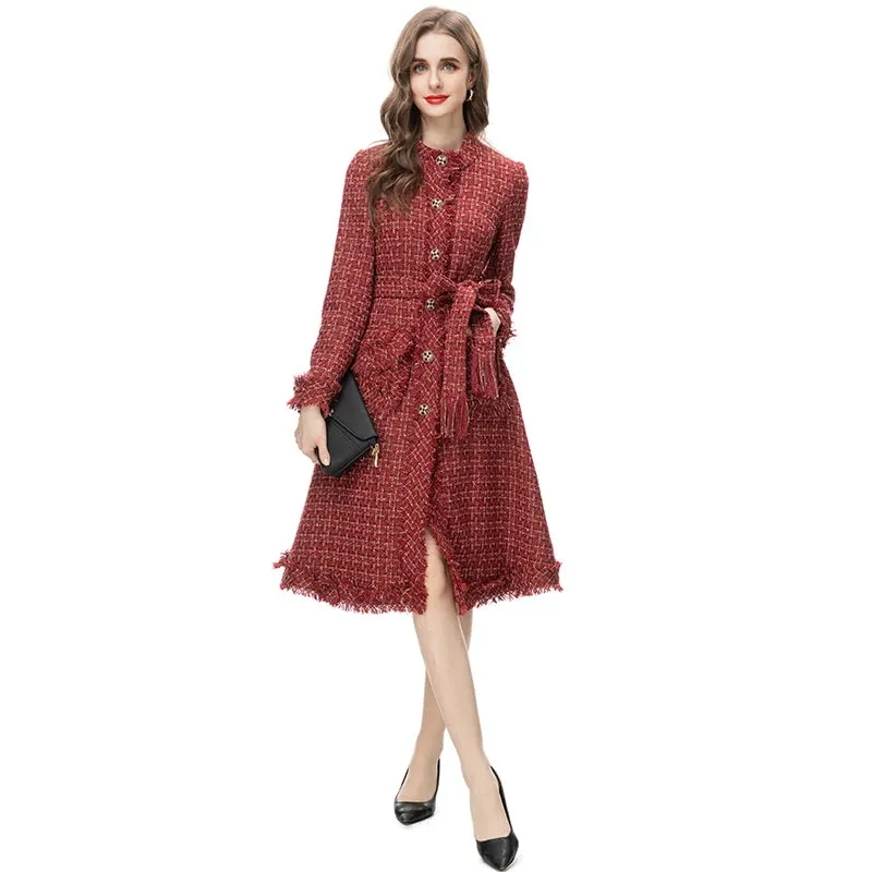 Diamond Buttons Plaid Tweed Coat