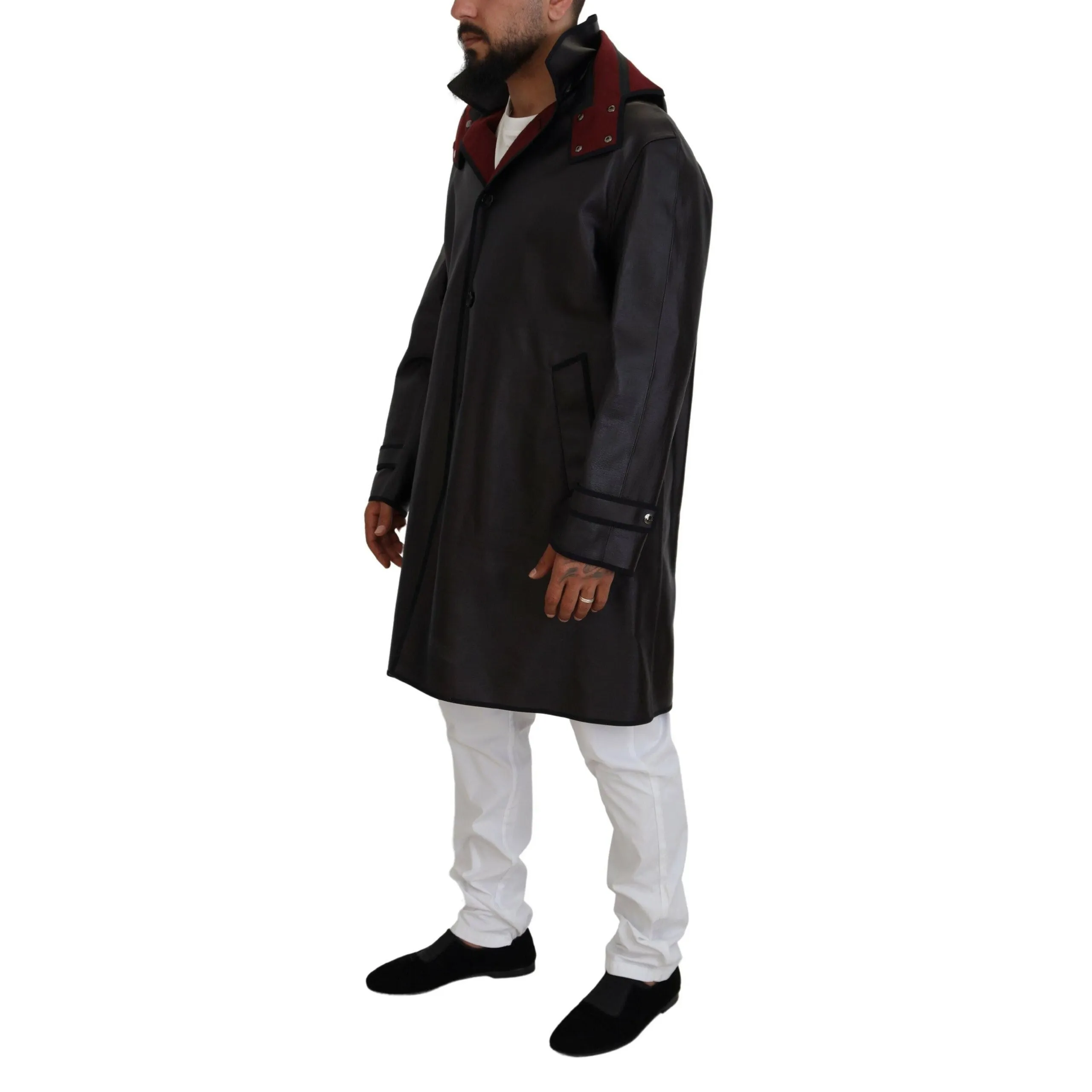 Dolce & Gabbana Elegant Hooded Parka Coat in Black and Bordeaux