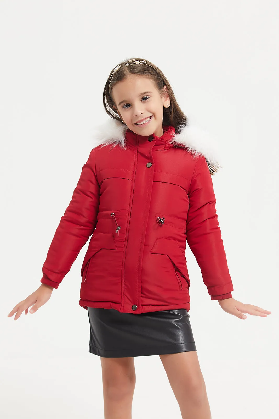 Girls Red Hooded Parka Jacket