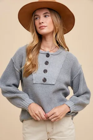 Half Button Ribbed Hem Sweater in Grey