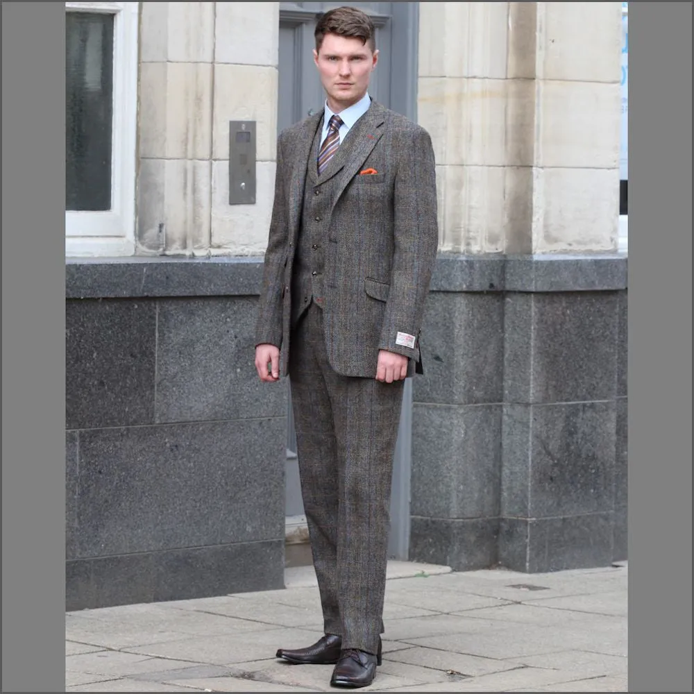 Harris Tweed Brown, Blue, Herringbone 3pc Suit>