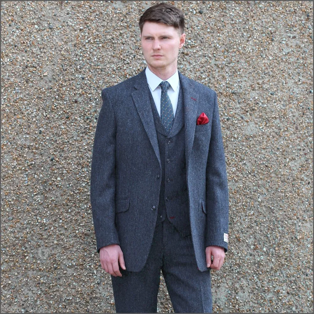 Harris Tweed Dark Blue Herringbone 3pc Suit^^