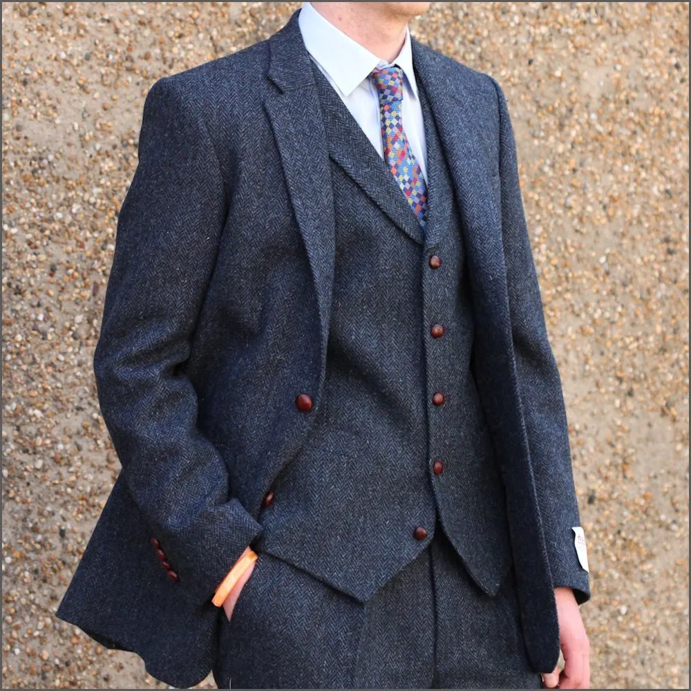 Harris Tweed Dark Blue Herringbone 3pc Suit^^