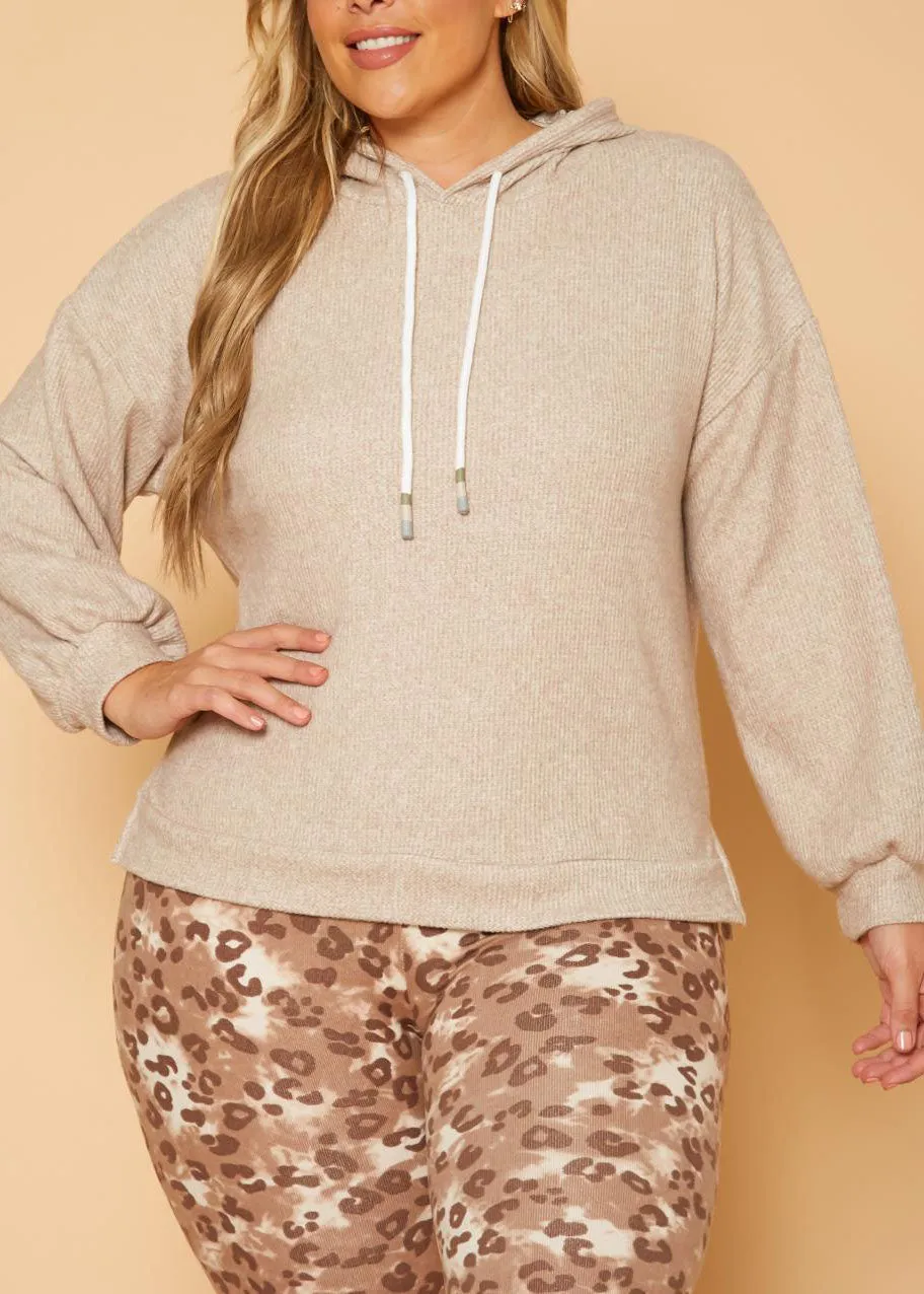 HI Curvy Plus Size Women Ribbed Knit Hooded Sweater