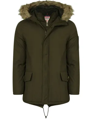 Highstead Mock Insert Fur Hooded Parka Jacket in Dark Khaki - Tokyo Laundry