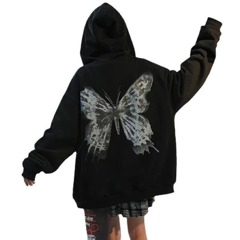 Hooded Zipper Letter Butterfly Print Fleece Cardigan Sweatshirt - Black