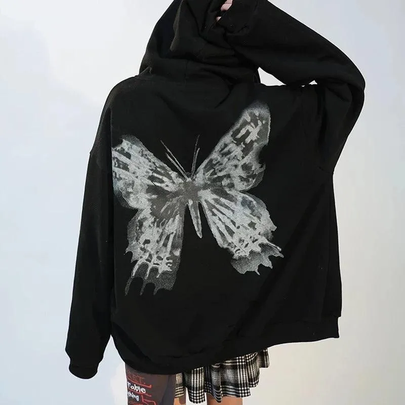 Hooded Zipper Letter Butterfly Print Fleece Cardigan Sweatshirt - Black