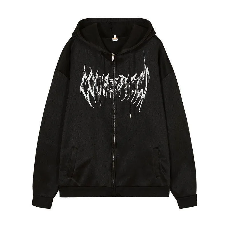 Hooded Zipper Letter Butterfly Print Fleece Cardigan Sweatshirt - Black