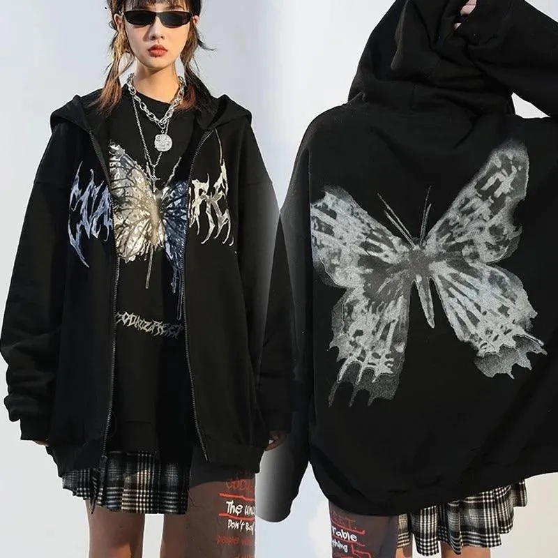 Hooded Zipper Letter Butterfly Print Fleece Cardigan Sweatshirt - Black