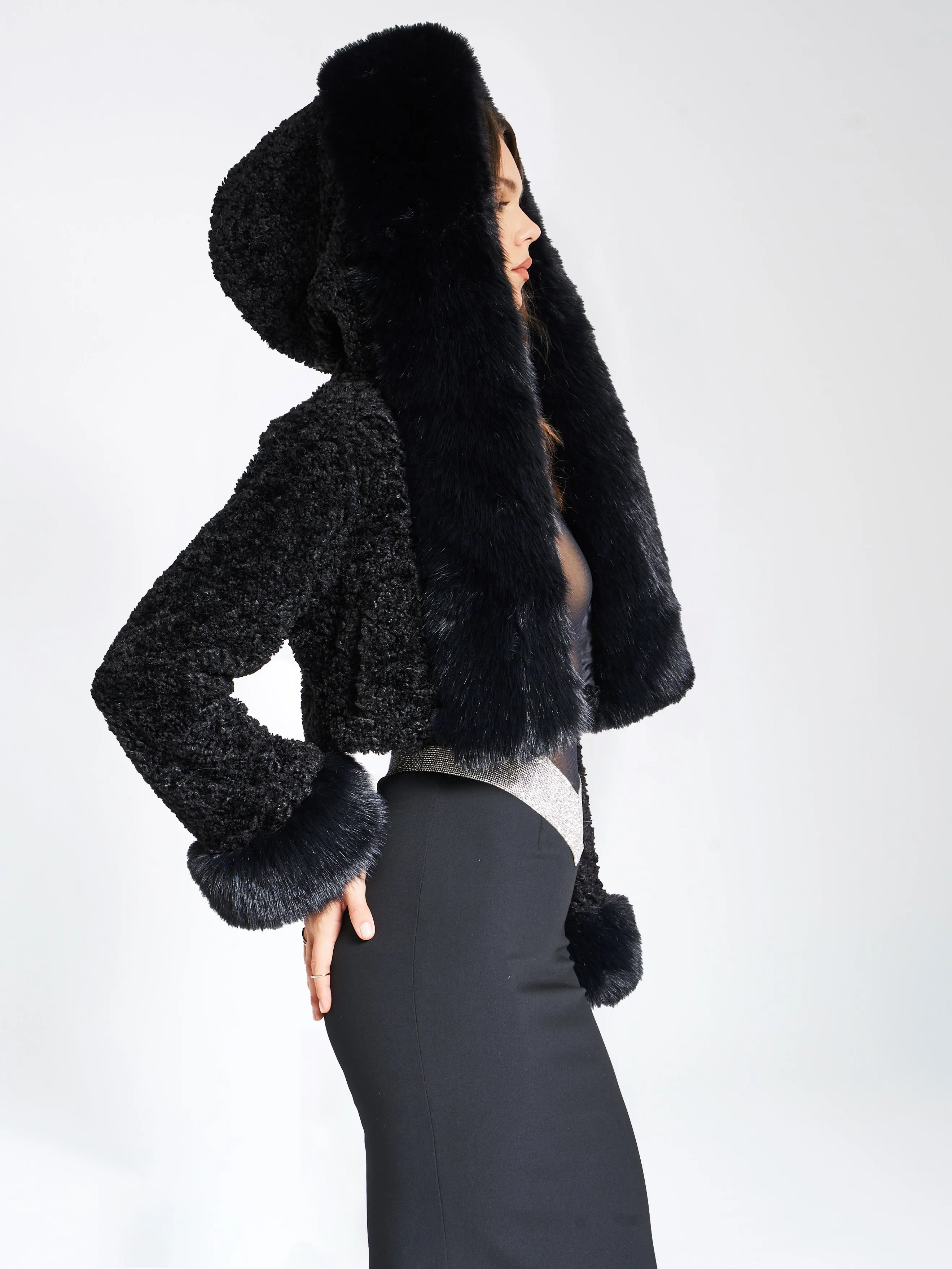 Kali Black Cropped Vegan Fur Jacket With Hood