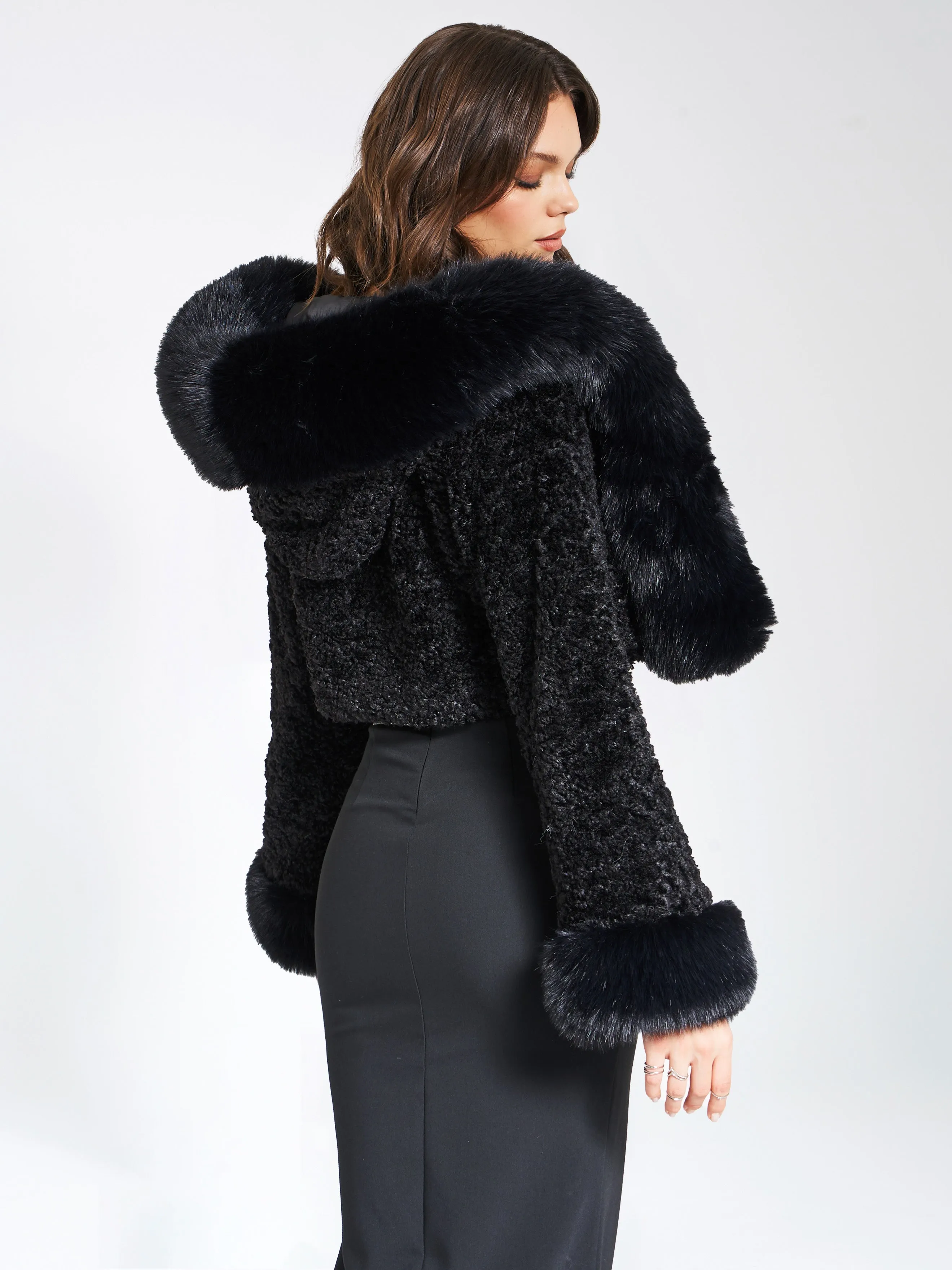 Kali Black Cropped Vegan Fur Jacket With Hood