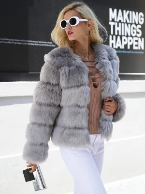 Luxury Winter Warm Gray Faux Fur Short Open Jacket