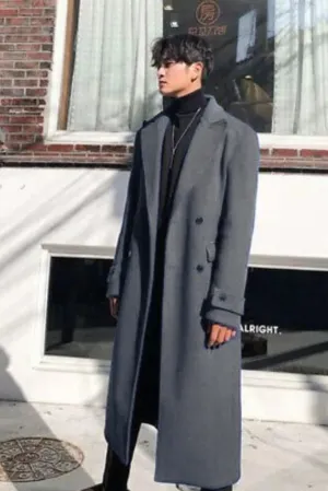 Men's Grey Long Trench Coat, Double Breasted Trench Coat for Winters