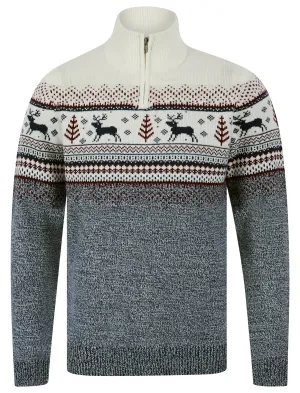 Men's Wayne Nordic Fair Isle Jacquard Knit Christmas Jumper with Quarter Zip Funnel Neck in Laundered Ecru - Merry Christmas