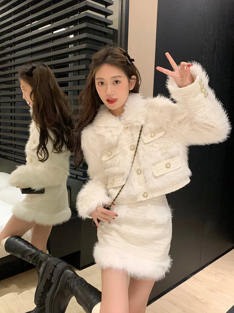 Modern Fluffy White Fur Jacket Top Skirt Two Piece Set