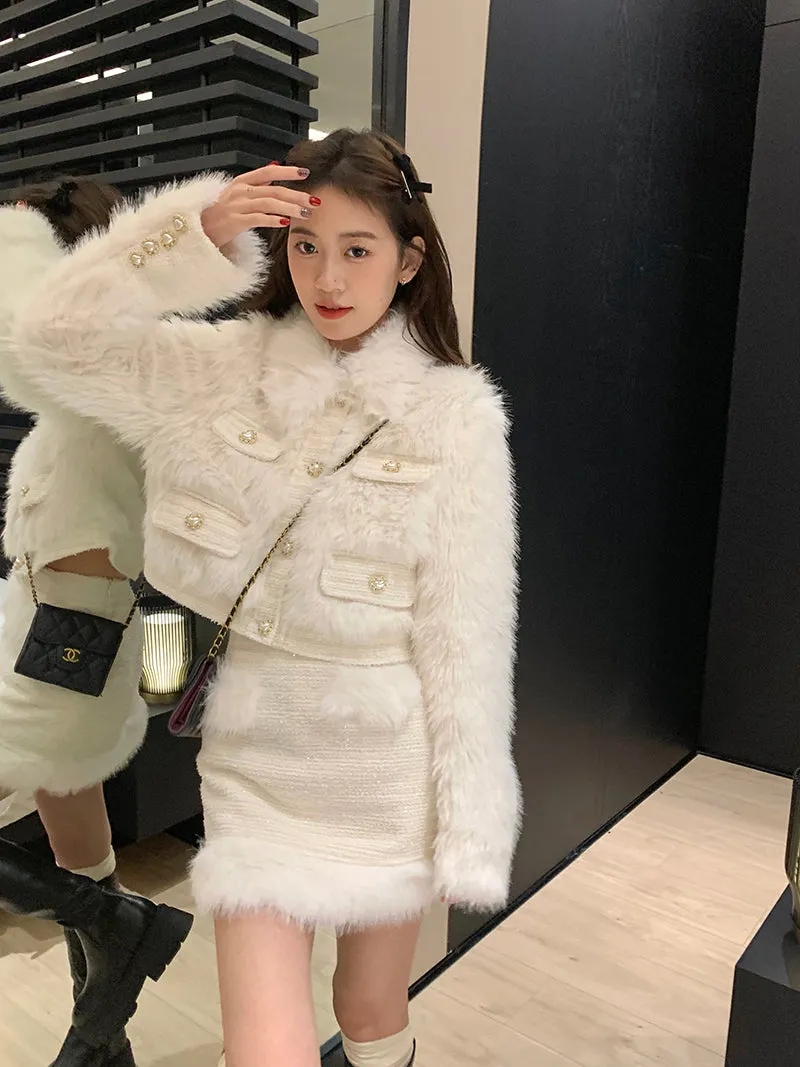 Modern Fluffy White Fur Jacket Top Skirt Two Piece Set