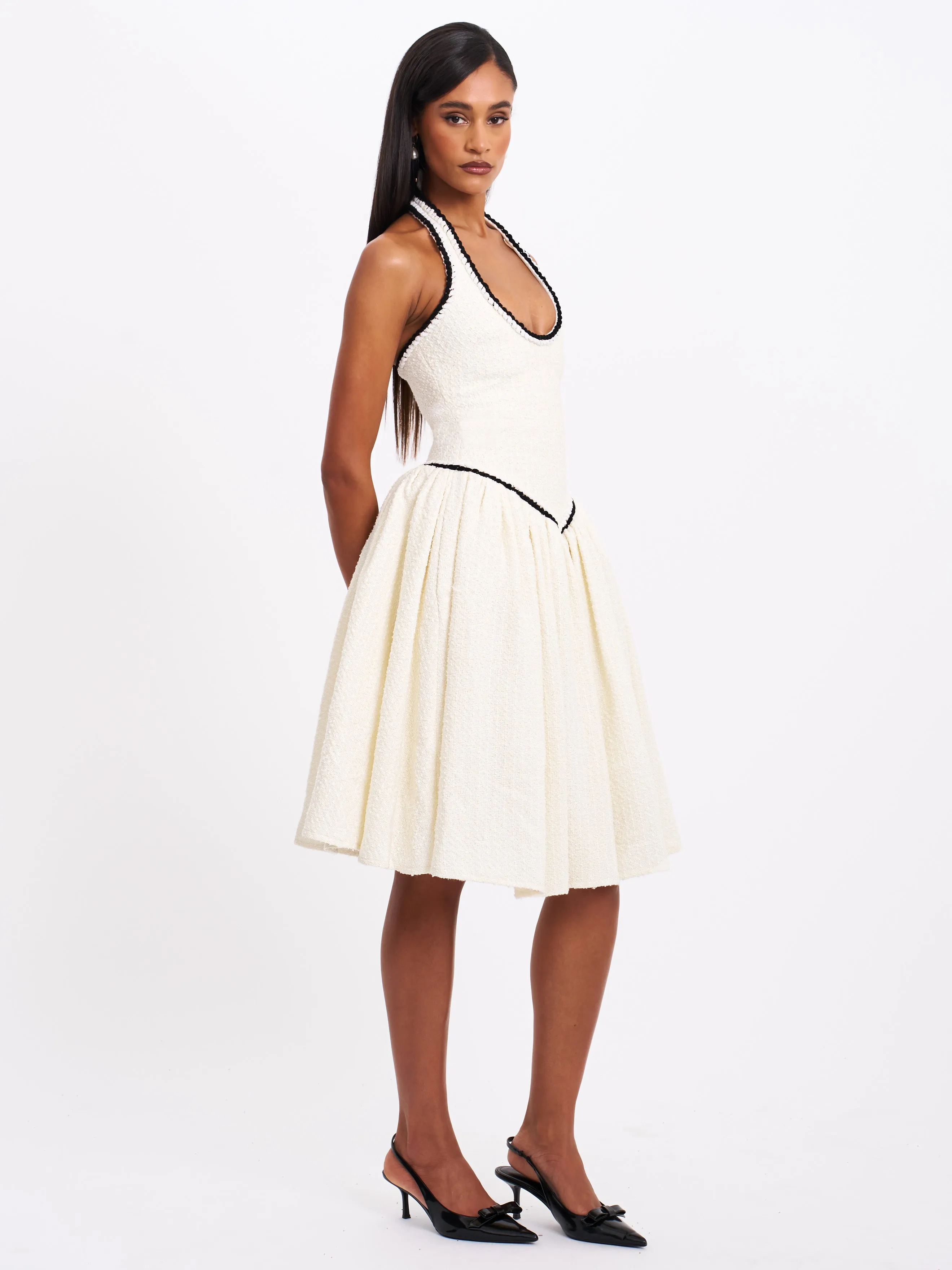 Natalie U Neck Halter Drop Waist Tweed Midi Dress