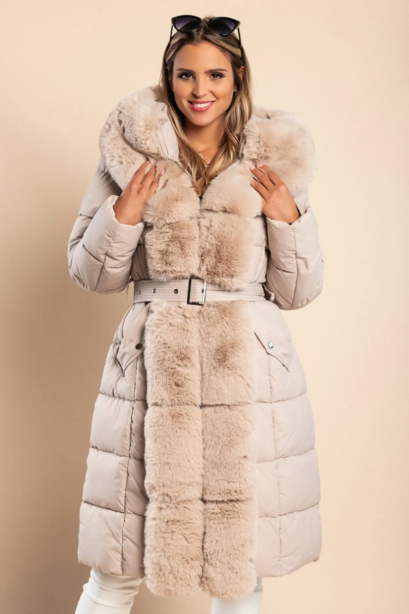 Padded winter jacket with faux fur, beige