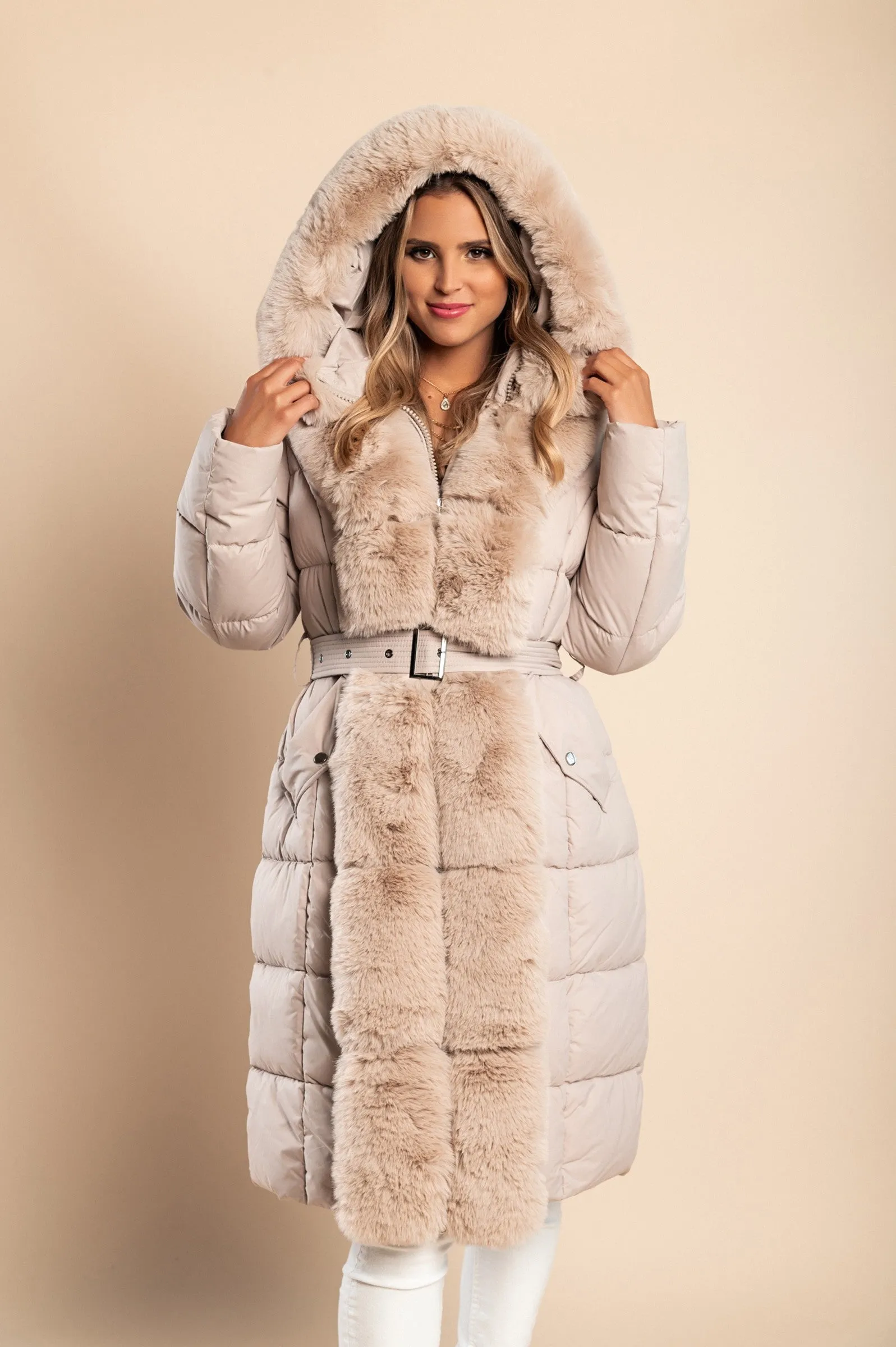 Padded winter jacket with faux fur, beige