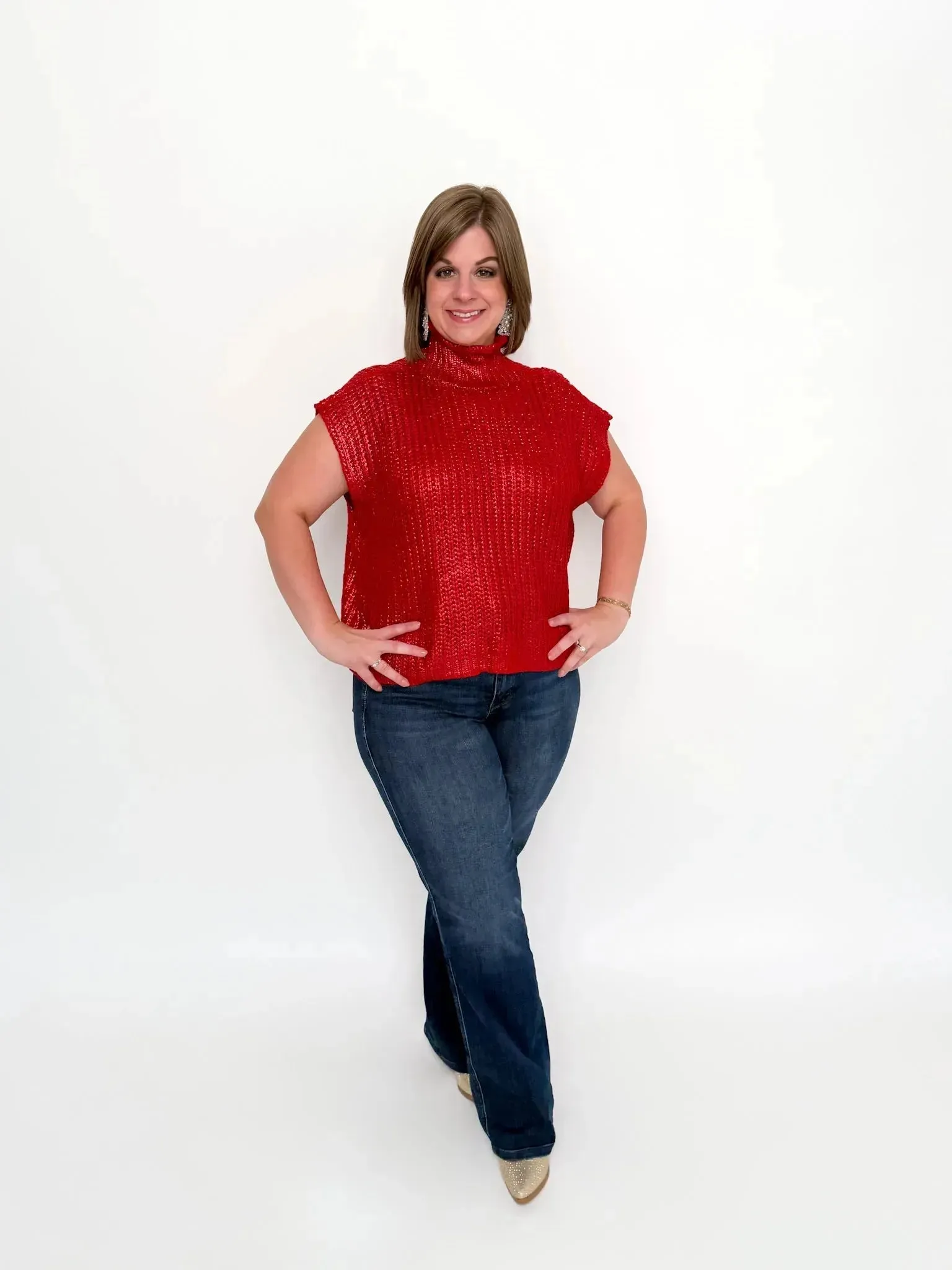 Red Metallic Cap Sleeve Sweater