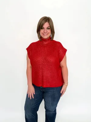 Red Metallic Cap Sleeve Sweater