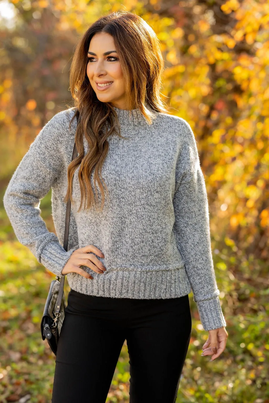 Ribbed Trim Heathered Sweater