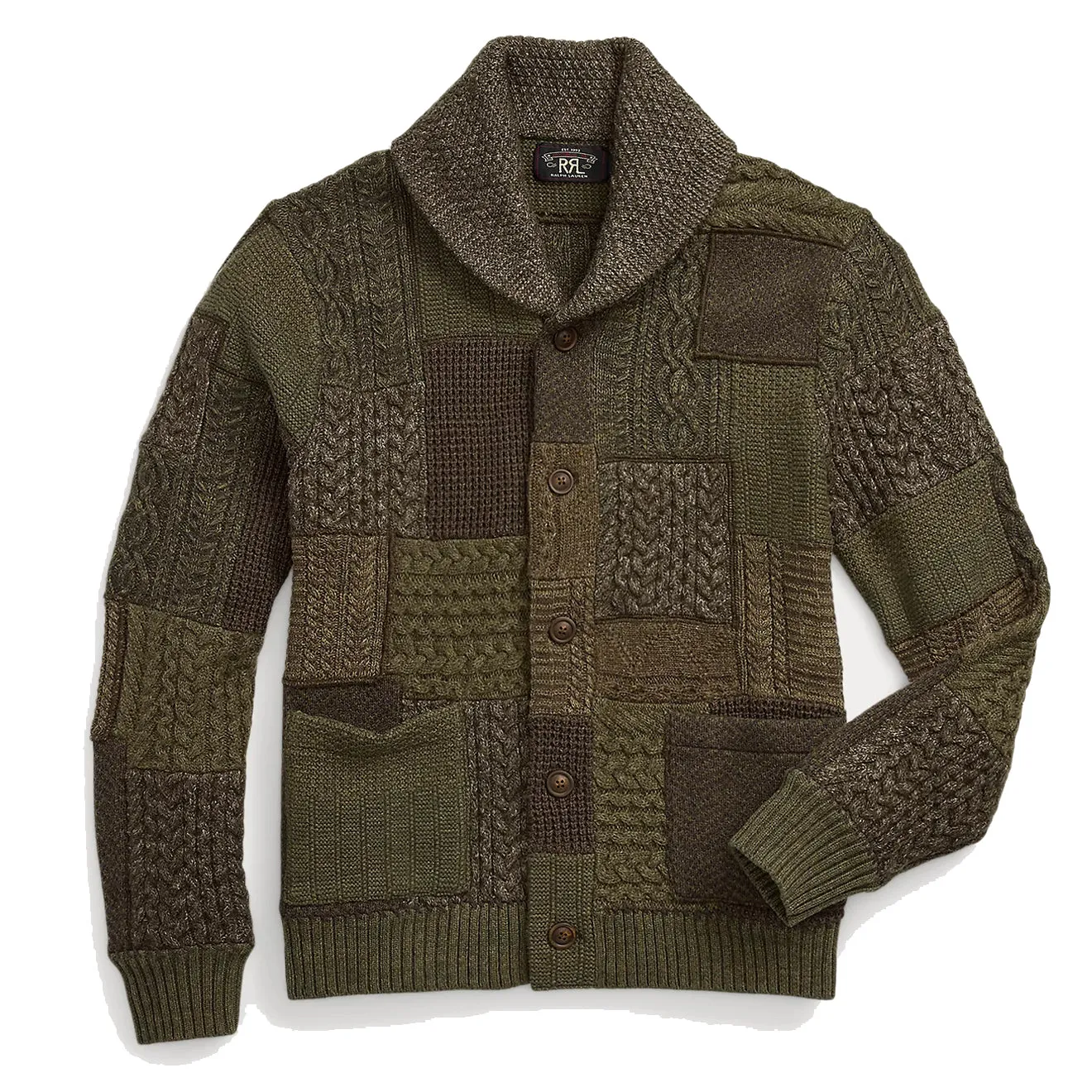 RRL by Ralph Lauren Patchwork Wool-Blend Shawl Cardigan Olive Multi