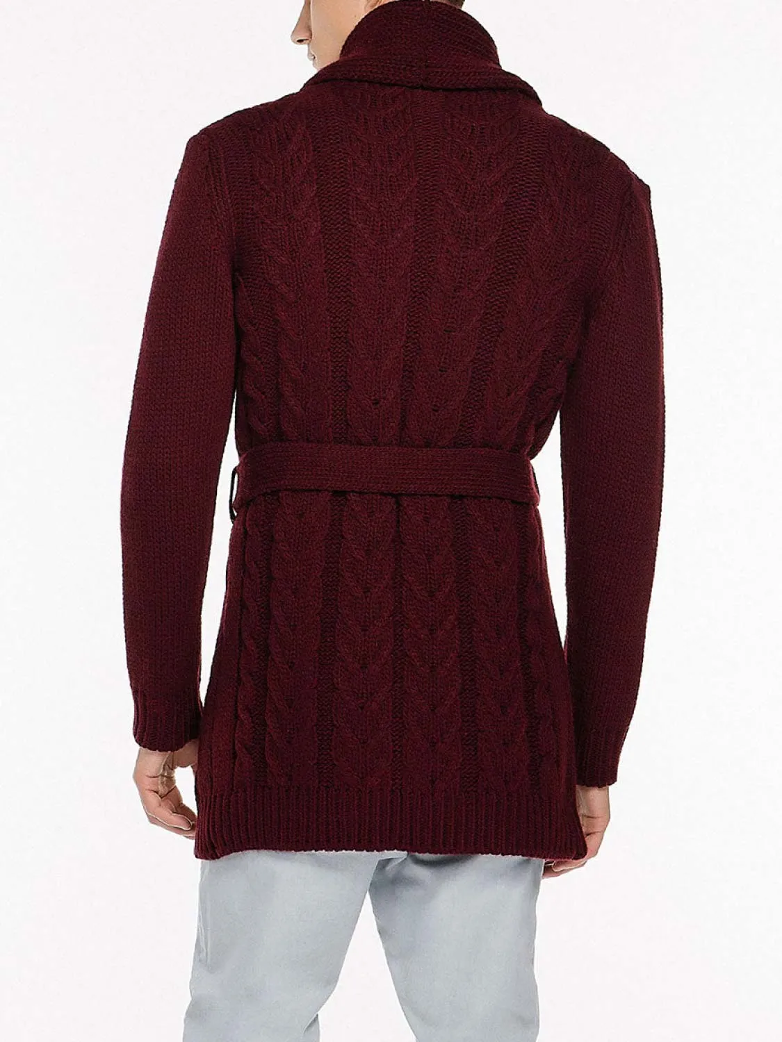 Shawl Collar Wool Blend Belted Cardigan Burgundy