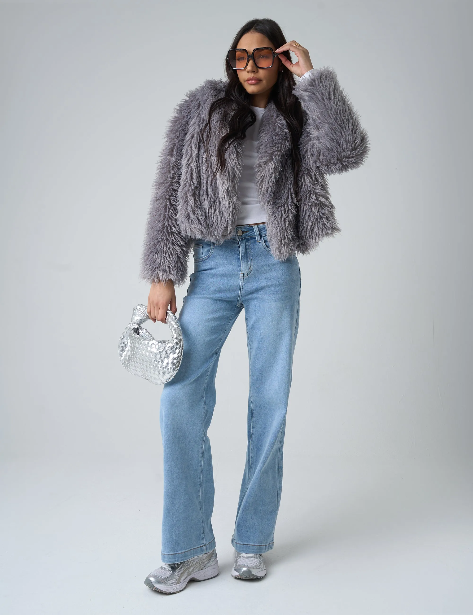 Short Shaggy Faux Fur Jacket Grey