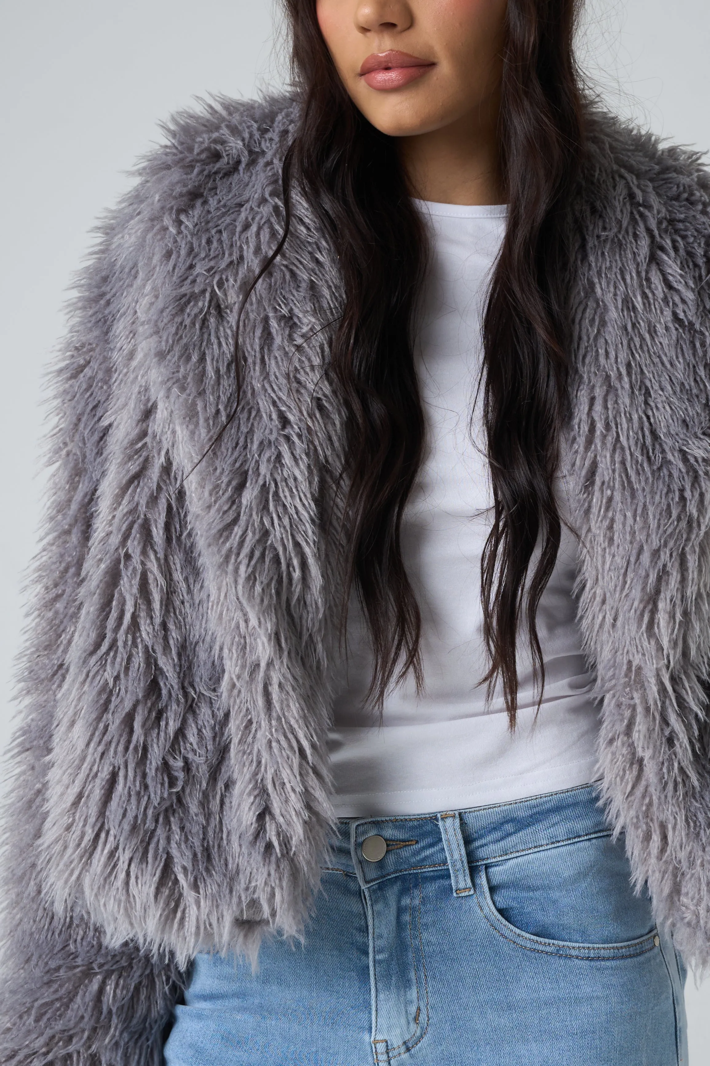 Short Shaggy Faux Fur Jacket Grey