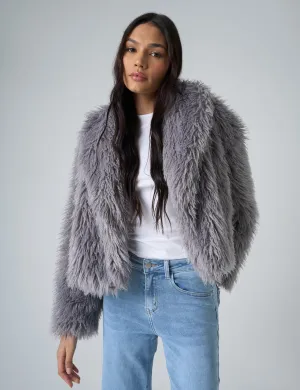 Short Shaggy Faux Fur Jacket Grey