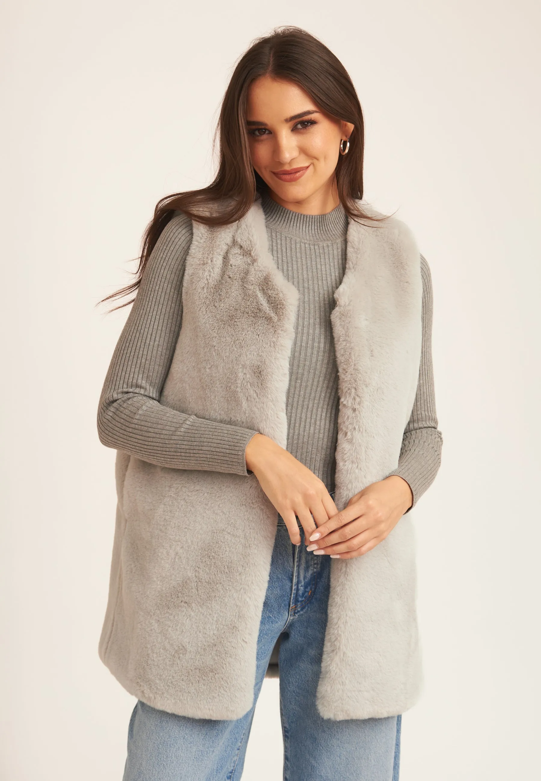 Silver No Cut Faux Gilet Fur Sleeveless Jacket