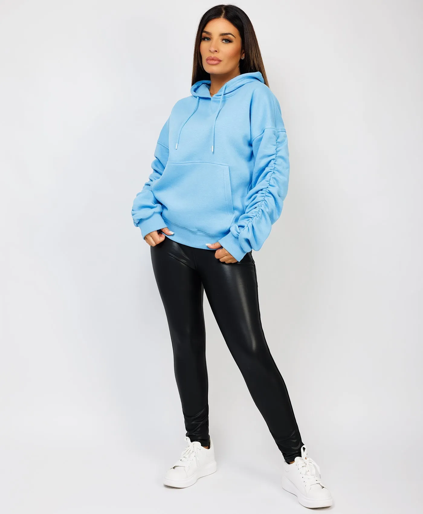 Sky Blue Ruched Sleeve Oversized Fit Hoodie