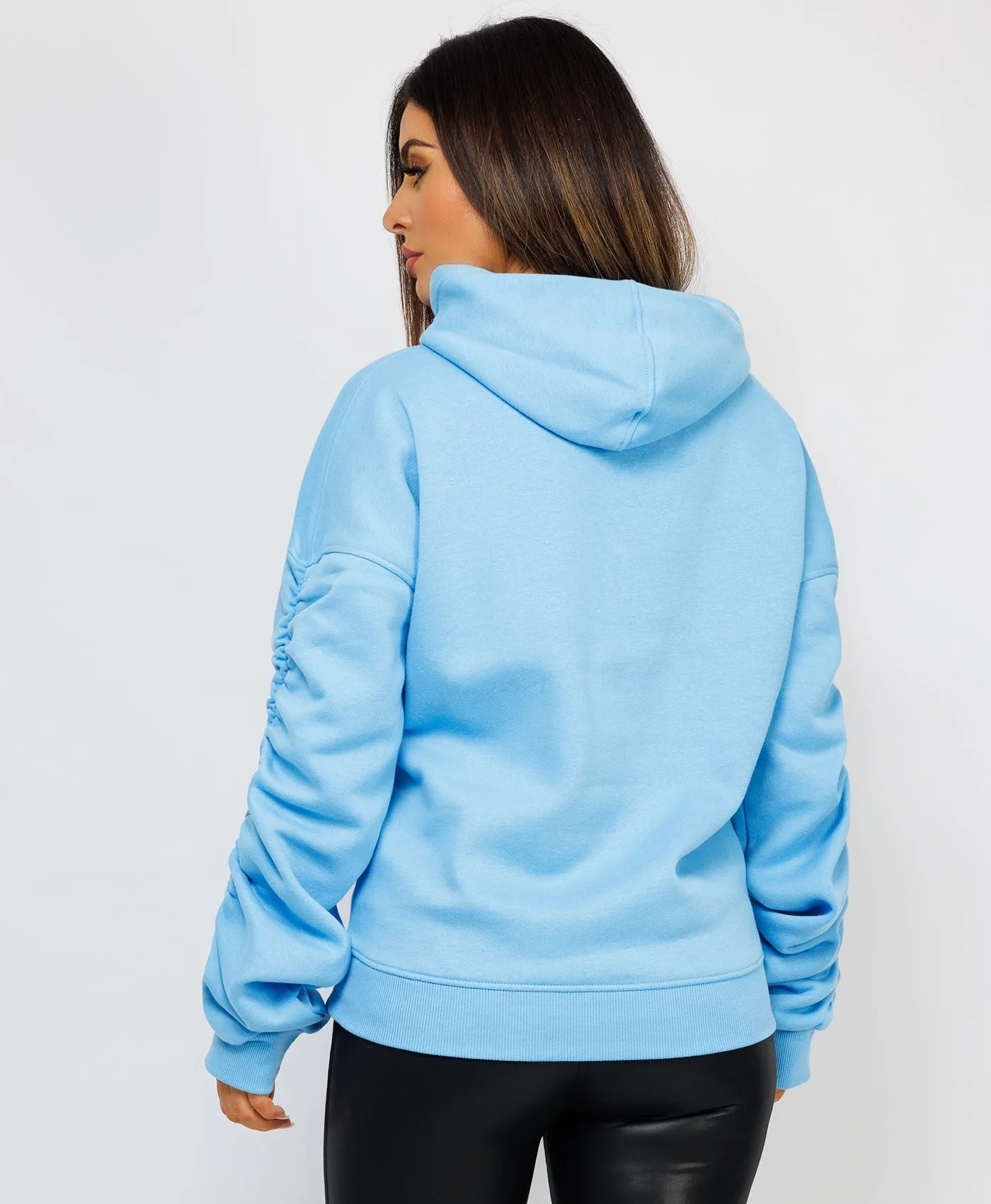 Sky Blue Ruched Sleeve Oversized Fit Hoodie