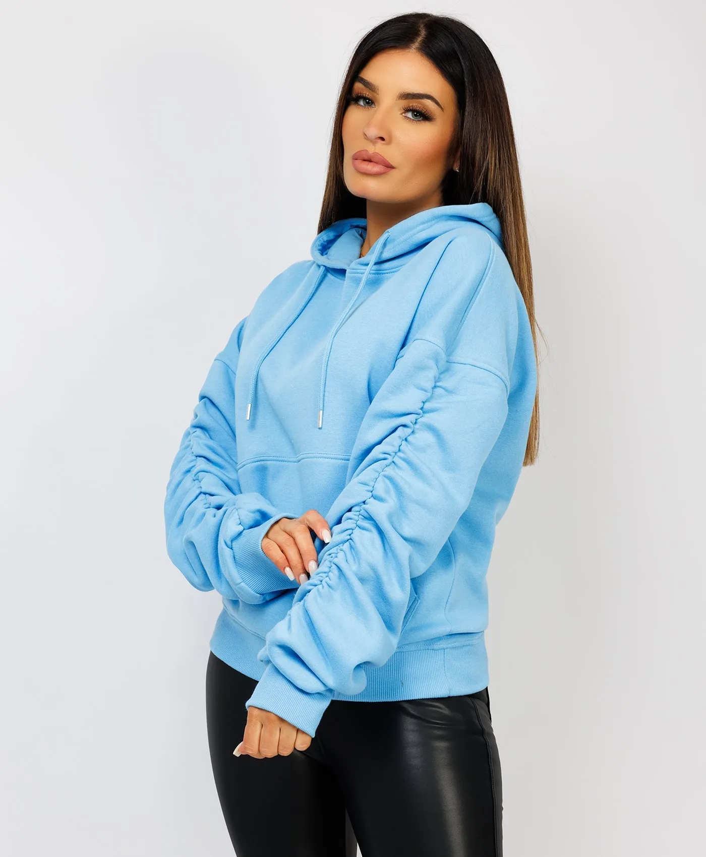 Sky Blue Ruched Sleeve Oversized Fit Hoodie