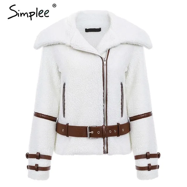 Turndown collar zipper winter women coat parka Sash shaggy white thick