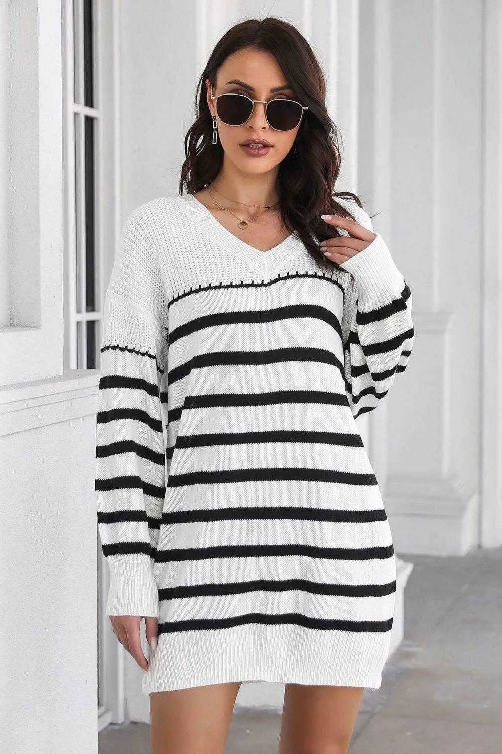 V-Neck Drop Shoulder Sweater Dress for Cozy Chic Style