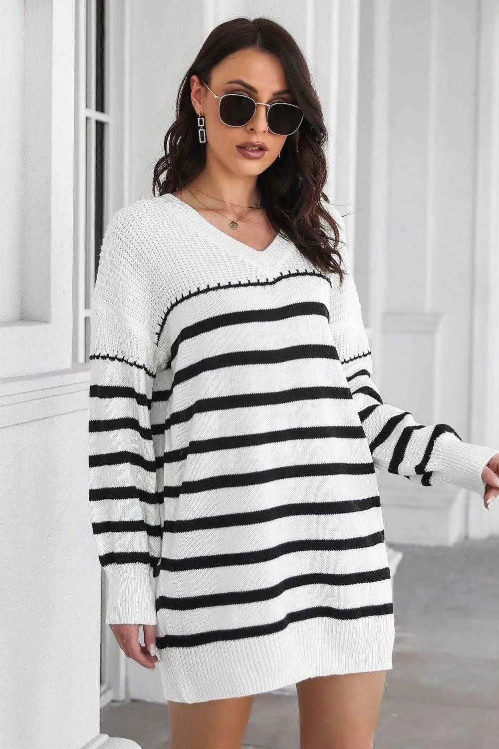 V-Neck Drop Shoulder Sweater Dress for Cozy Chic Style