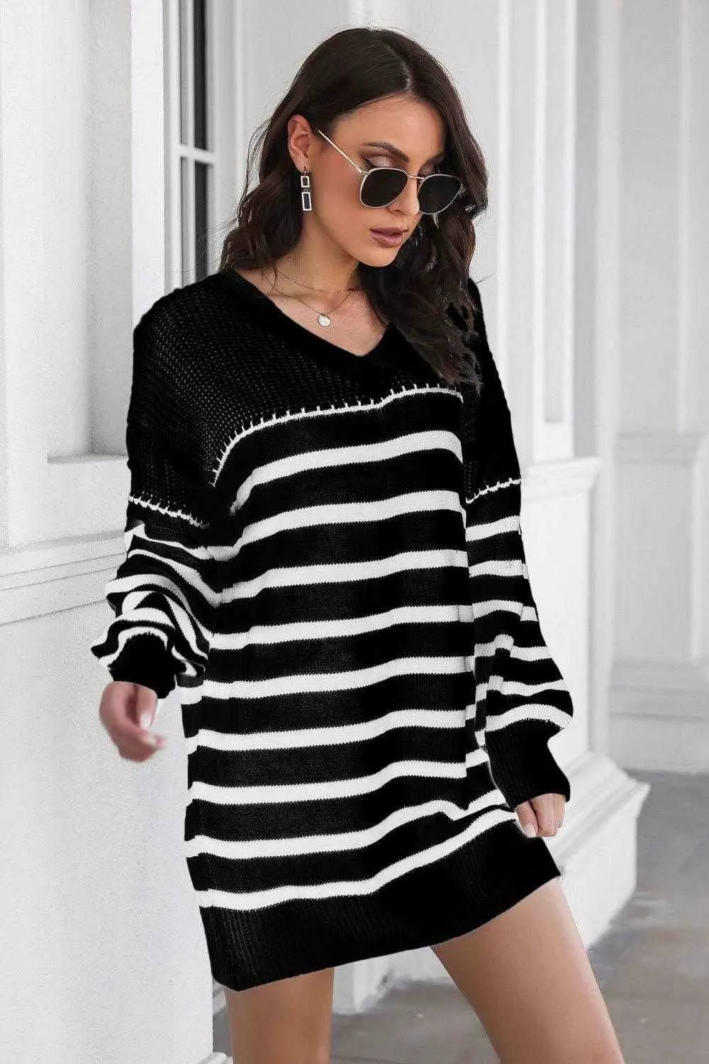 V-Neck Drop Shoulder Sweater Dress for Cozy Chic Style