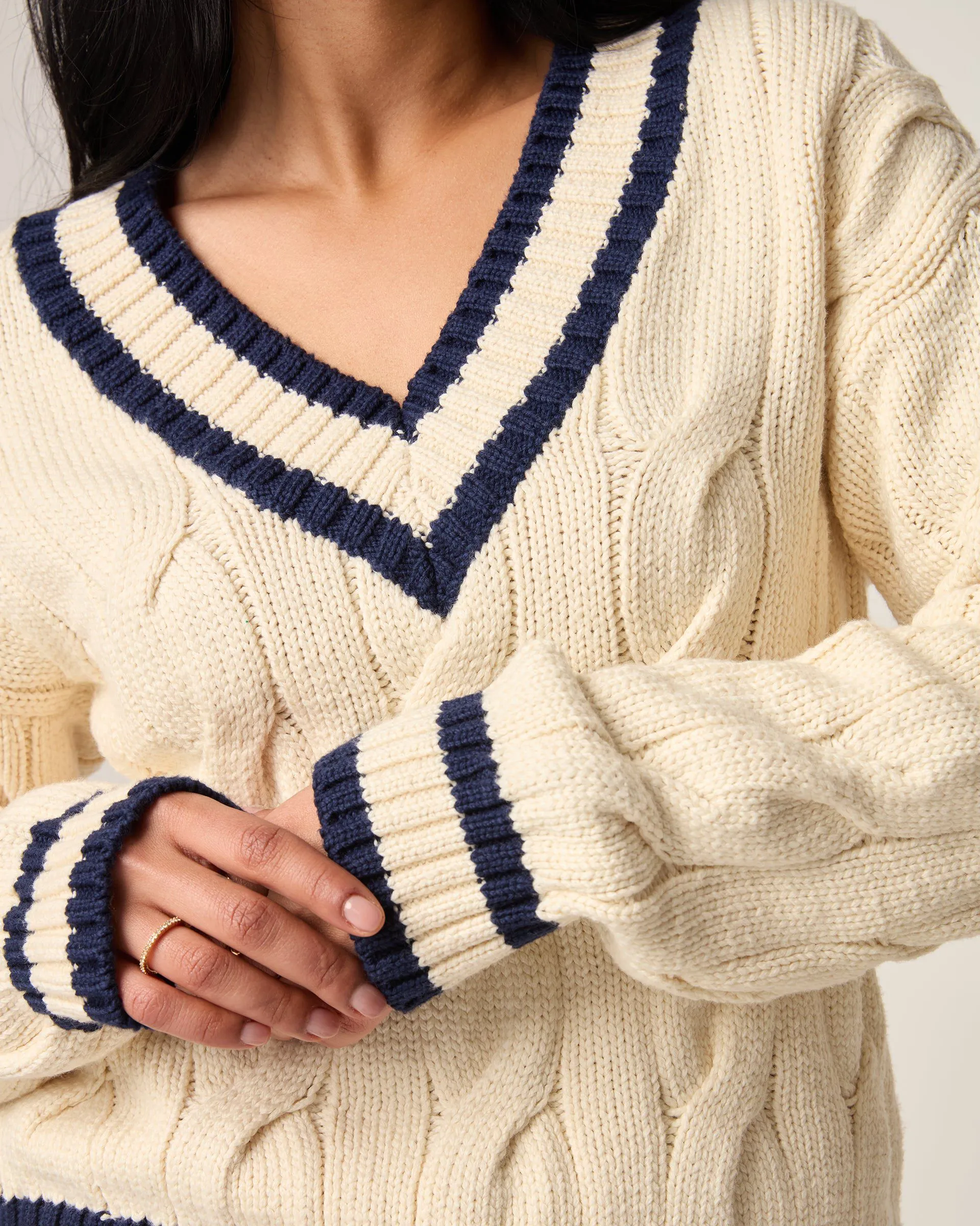 Varsity Cable Knit Cotton Sweater