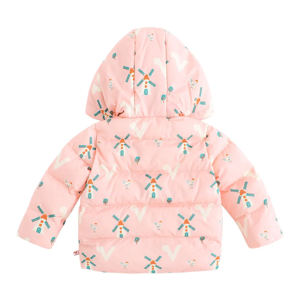 Vauva FW23 - Baby Girls Pinwheel All Over Print Padded Coat with Hood (Pink)