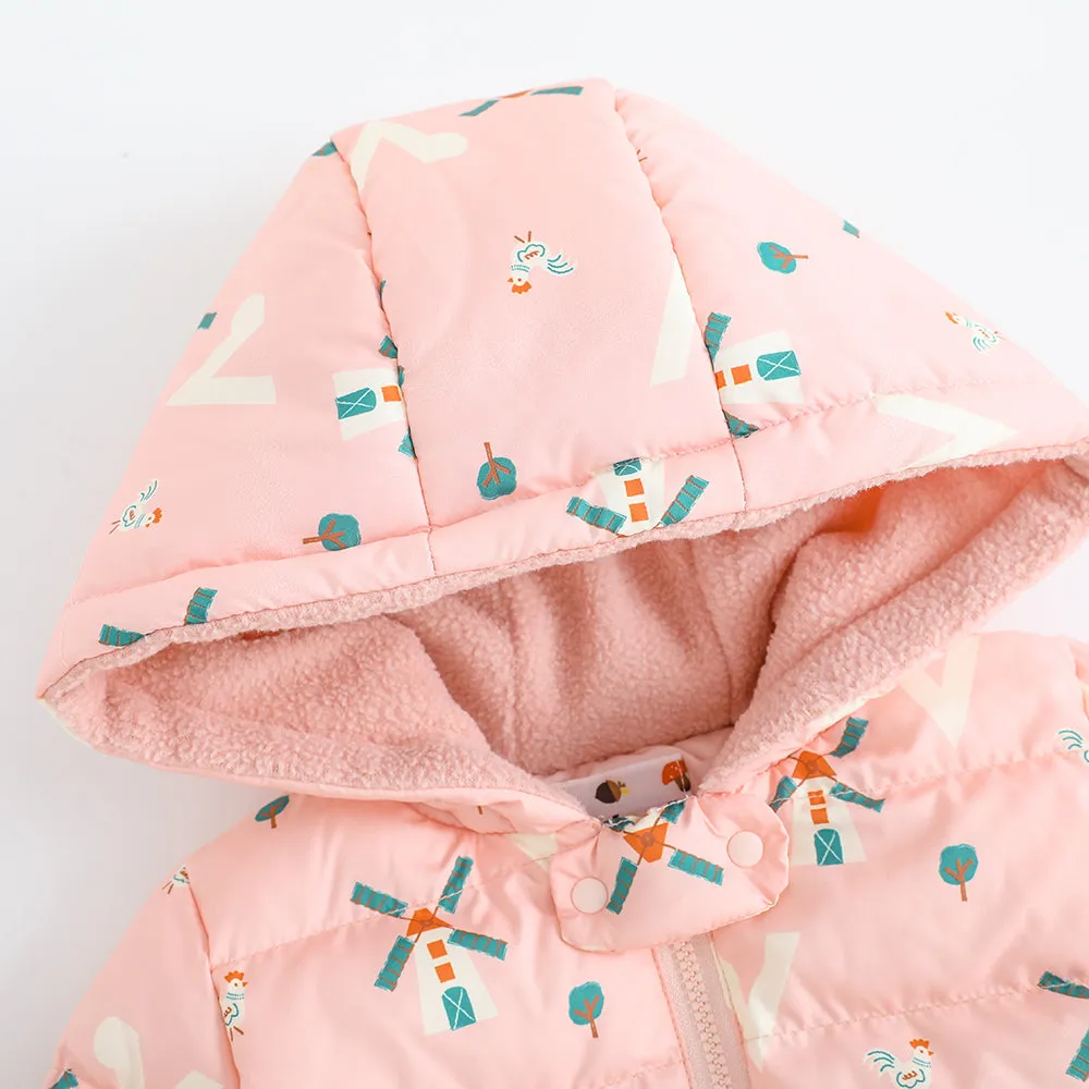 Vauva FW23 - Baby Girls Pinwheel All Over Print Padded Coat with Hood (Pink)