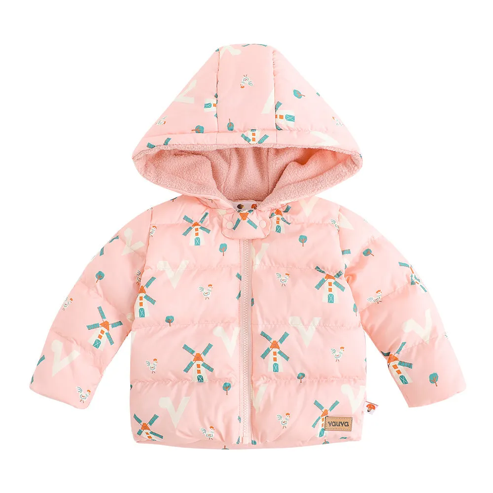 Vauva FW23 - Baby Girls Pinwheel All Over Print Padded Coat with Hood (Pink)